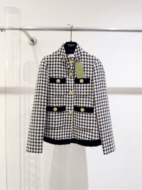 Gucci Black & White Houndstooth Tweed Blazer with Gold Buttons